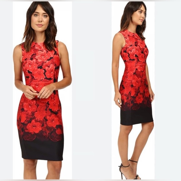 Calvin Klein Red and Black Floral Midi Dress - Picture 1 of 4